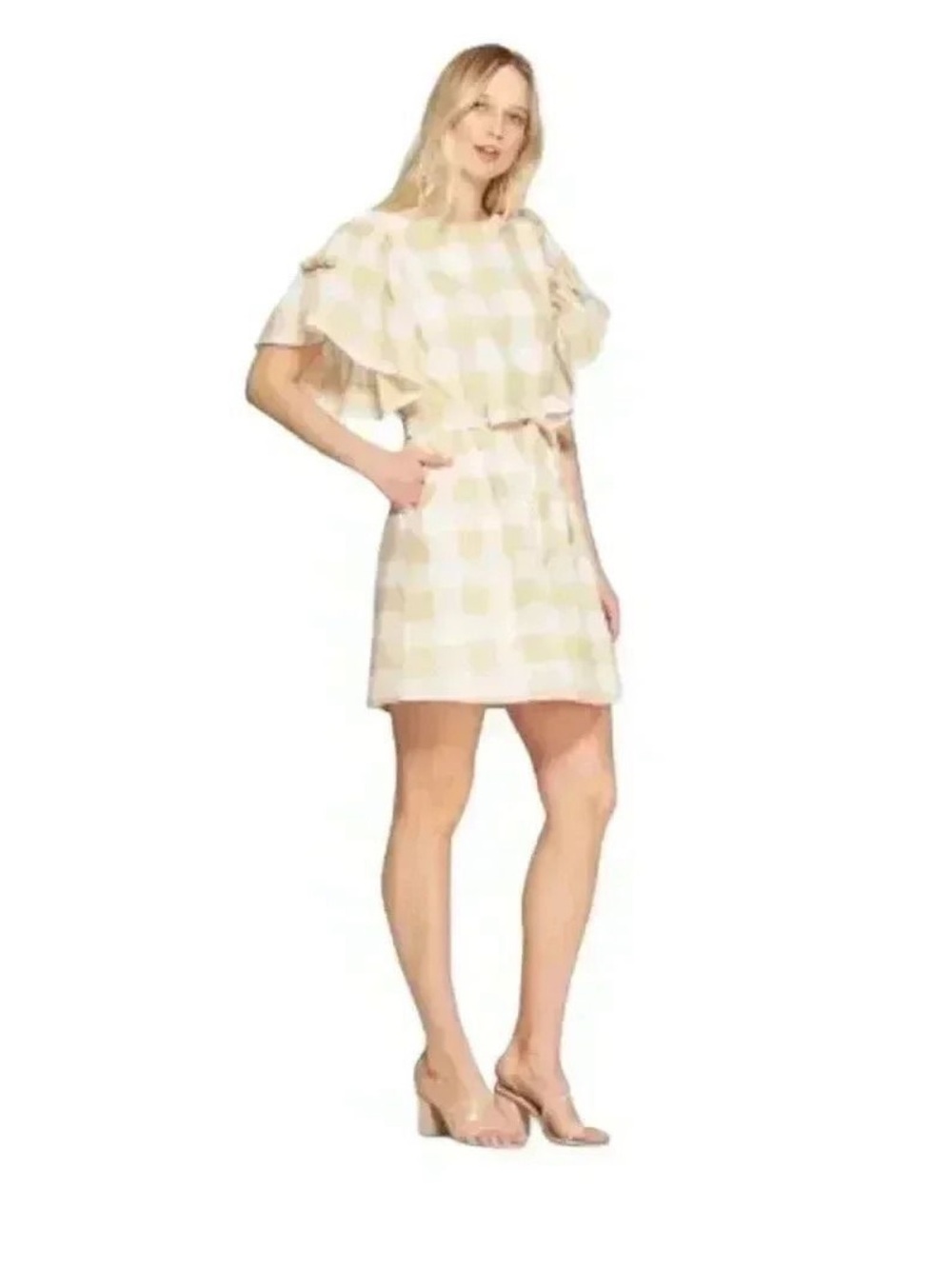Who What Wear Cream & Tan Checked Flutter-Sleeve Shift Dress